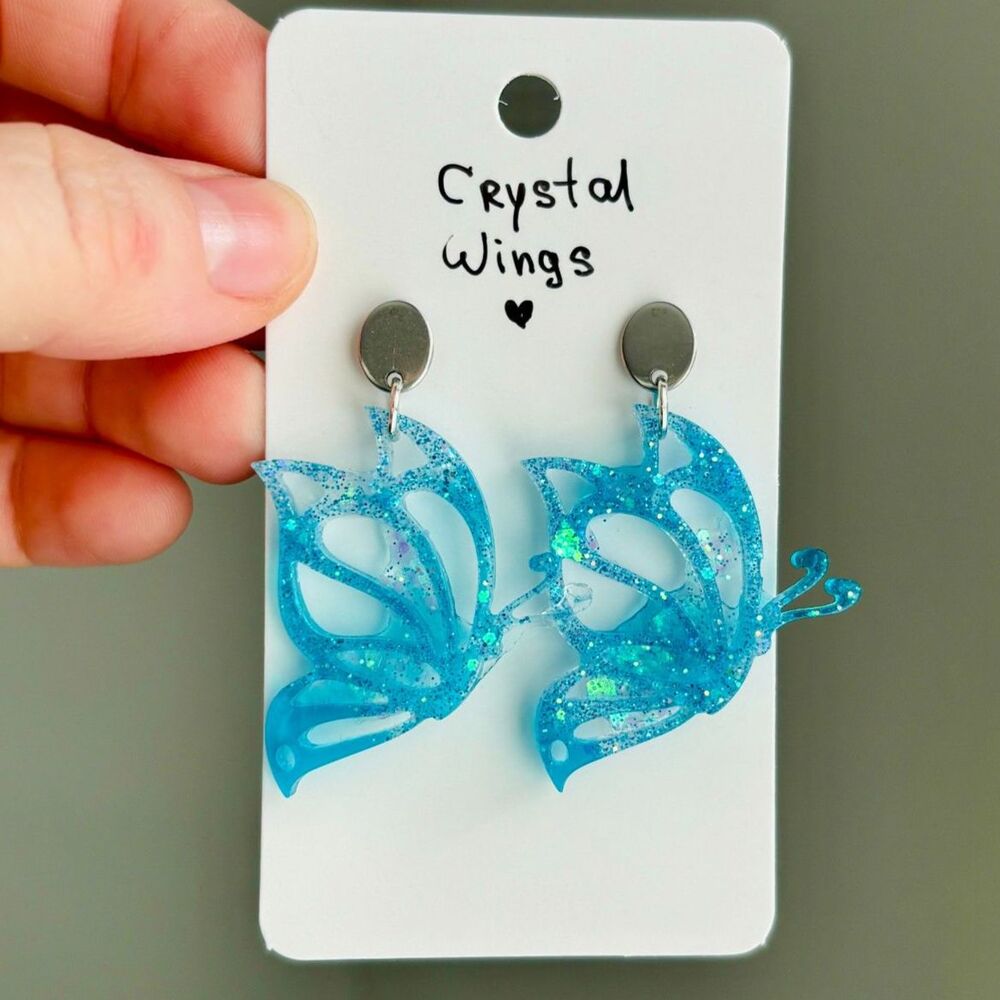 Blue Butterfly Earrings with Iridescent Glitter, Handmade Resin Dangles Studs